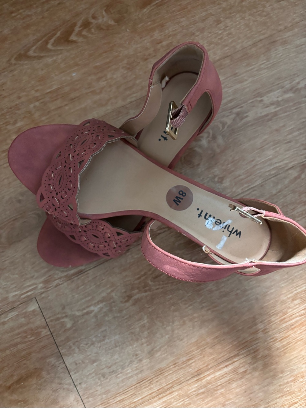 Whitemt. Pink Laser-Cut Ankle-Strap Block Heels